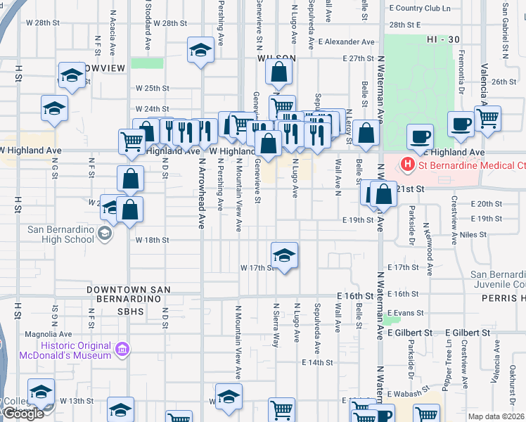 map of restaurants, bars, coffee shops, grocery stores, and more near 1995 Genevieve Street in San Bernardino