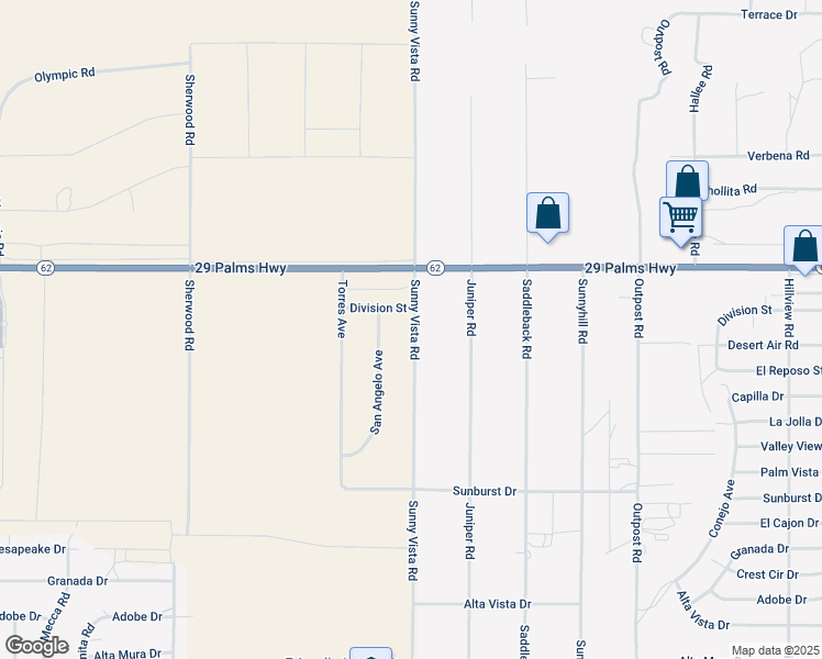 map of restaurants, bars, coffee shops, grocery stores, and more near Sunny Vista Road in Joshua Tree