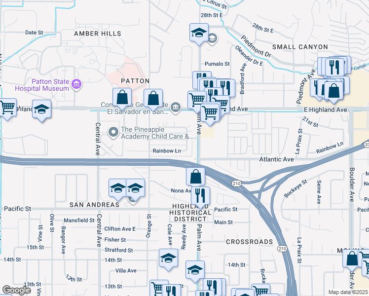map of restaurants, bars, coffee shops, grocery stores, and more near 3546 Rainbow Lane in Highland