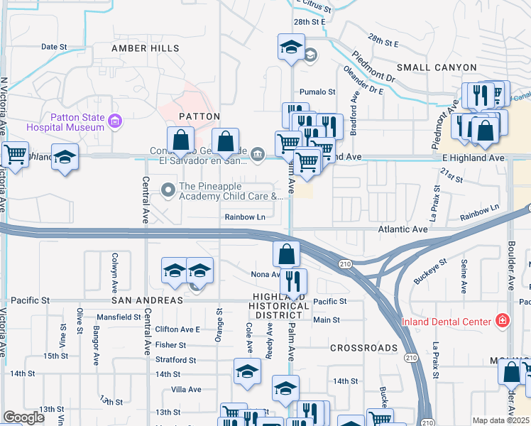map of restaurants, bars, coffee shops, grocery stores, and more near 3532 Rainbow Lane in Highland