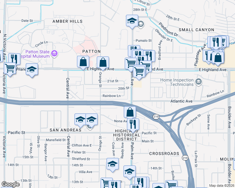 map of restaurants, bars, coffee shops, grocery stores, and more near 3506 Rainbow Lane in Highland