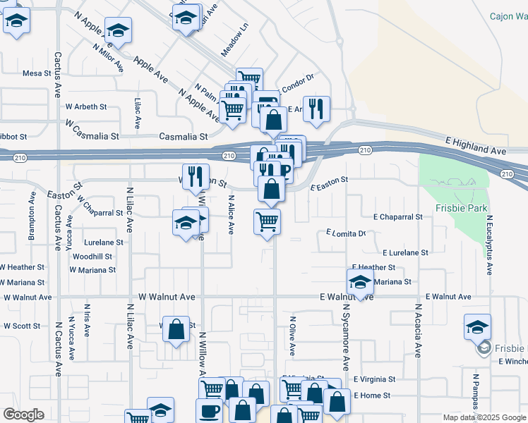 map of restaurants, bars, coffee shops, grocery stores, and more near 1850 North Riverside Avenue in Rialto