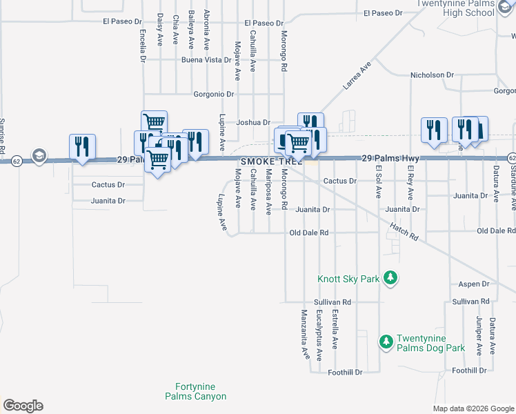 map of restaurants, bars, coffee shops, grocery stores, and more near 6665 Cahuilla Avenue in Twentynine Palms