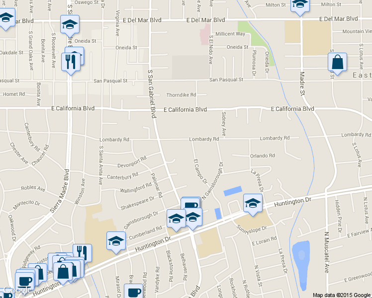 map of restaurants, bars, coffee shops, grocery stores, and more near 837 El Campo Drive in Pasadena