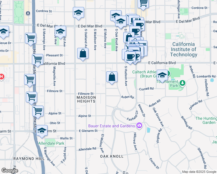 map of restaurants, bars, coffee shops, grocery stores, and more near South El Molino Avenue in Pasadena