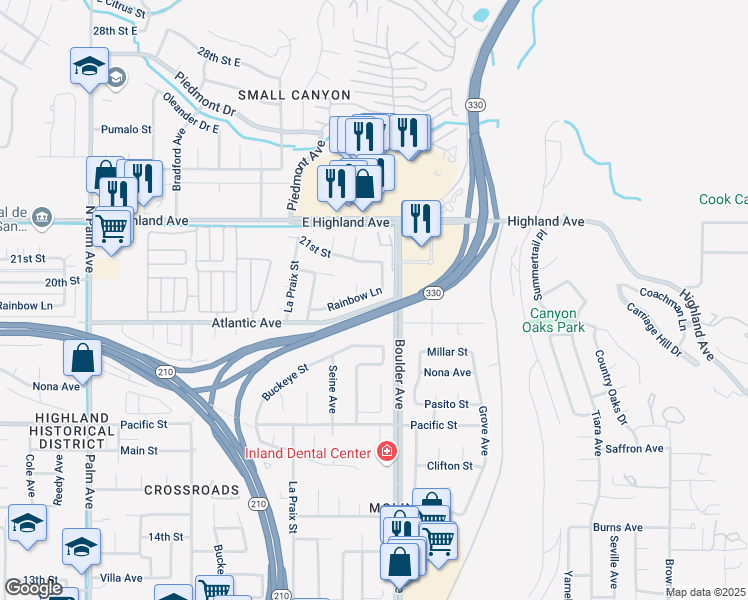 map of restaurants, bars, coffee shops, grocery stores, and more near 27843 Rainbow Lane in Highland