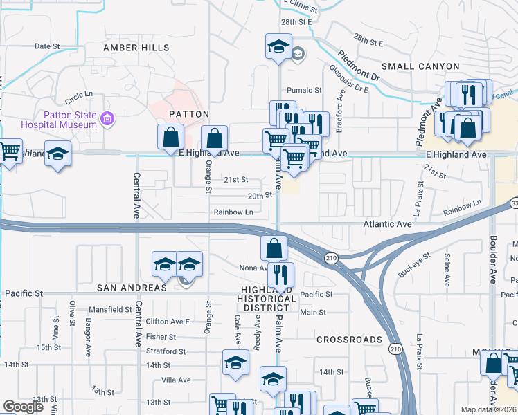 map of restaurants, bars, coffee shops, grocery stores, and more near 3546 Rainbow Lane in Highland