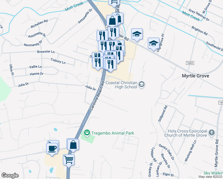 map of restaurants, bars, coffee shops, grocery stores, and more near 5653 Carolina Beach Road in Wilmington
