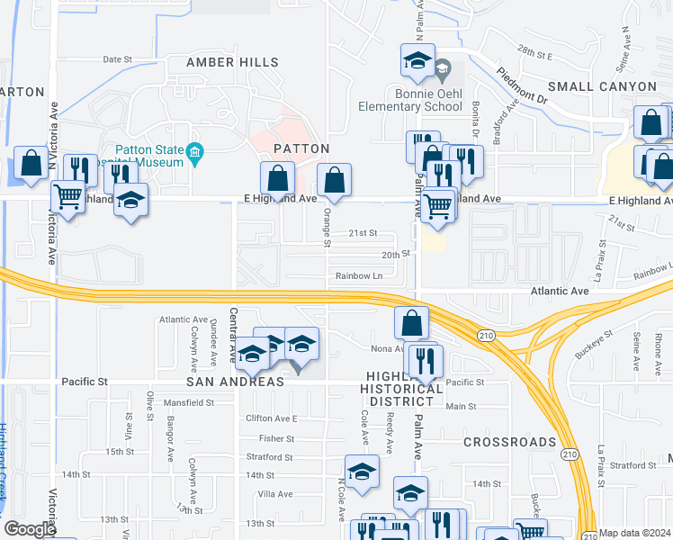 map of restaurants, bars, coffee shops, grocery stores, and more near 3414 Rainbow Lane in Highland