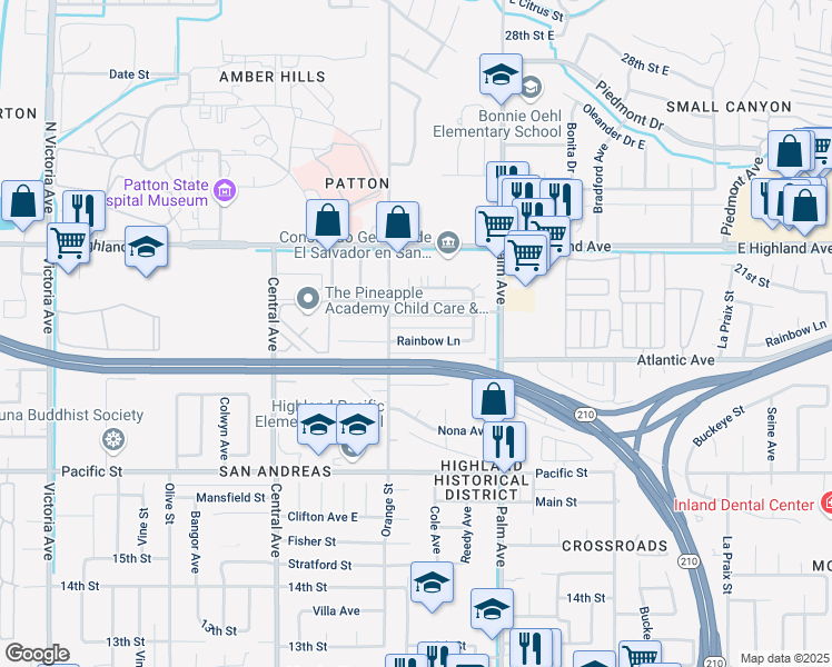 map of restaurants, bars, coffee shops, grocery stores, and more near 3471 Rainbow Lane in Highland