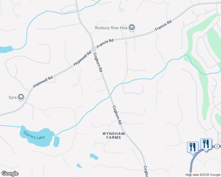 map of restaurants, bars, coffee shops, grocery stores, and more near 14400 Cogburn Road in Alpharetta