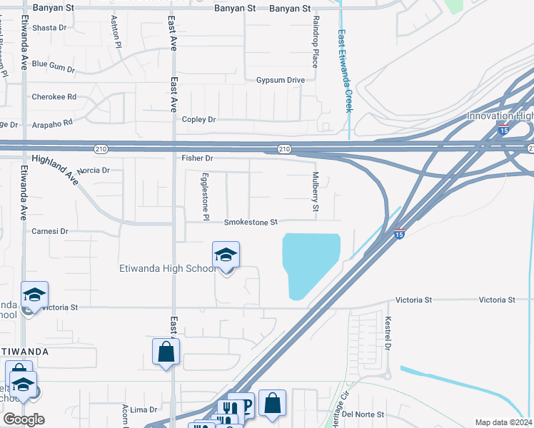 map of restaurants, bars, coffee shops, grocery stores, and more near 13548 Smokestone Street in Rancho Cucamonga