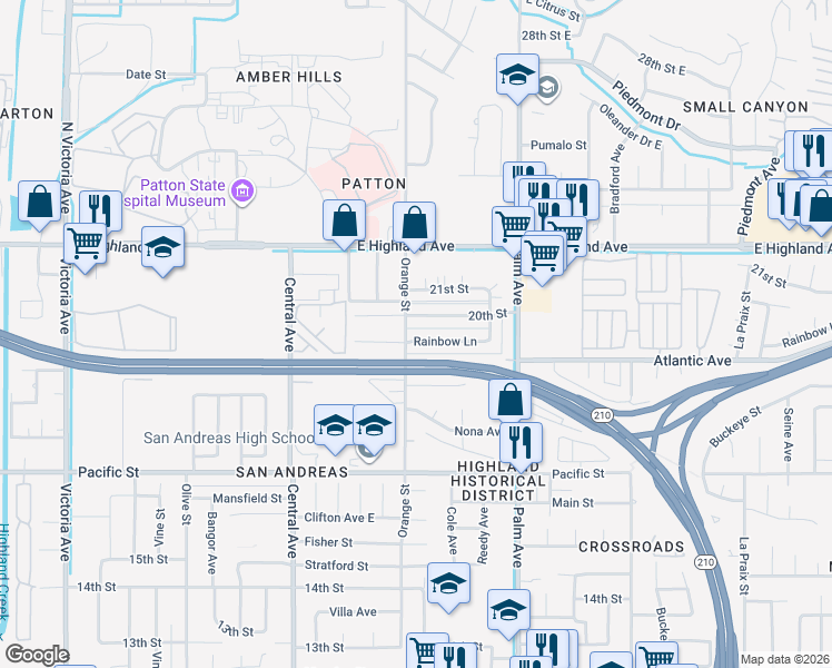 map of restaurants, bars, coffee shops, grocery stores, and more near 3409 Rainbow Lane in Highland