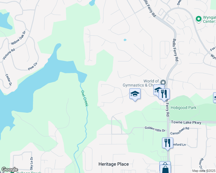 map of restaurants, bars, coffee shops, grocery stores, and more near 2029 Castlemaine Circle in Woodstock