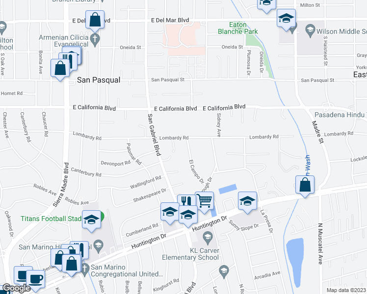 map of restaurants, bars, coffee shops, grocery stores, and more near 837 El Campo Drive in Pasadena