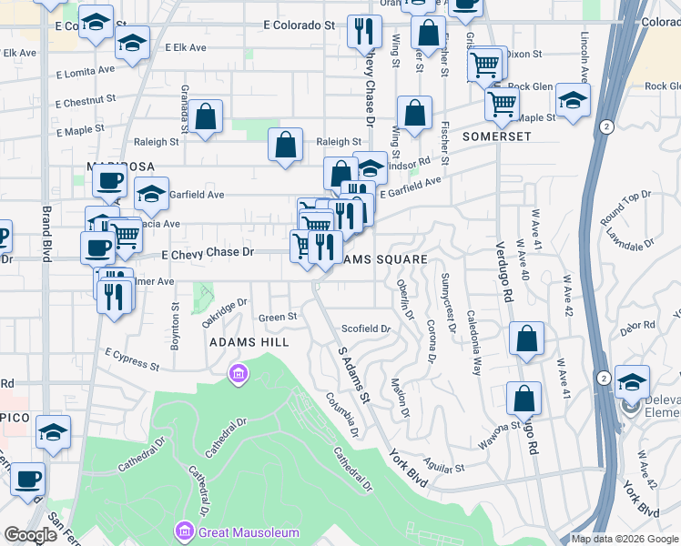 map of restaurants, bars, coffee shops, grocery stores, and more near 1126 East Palmer Avenue in Glendale