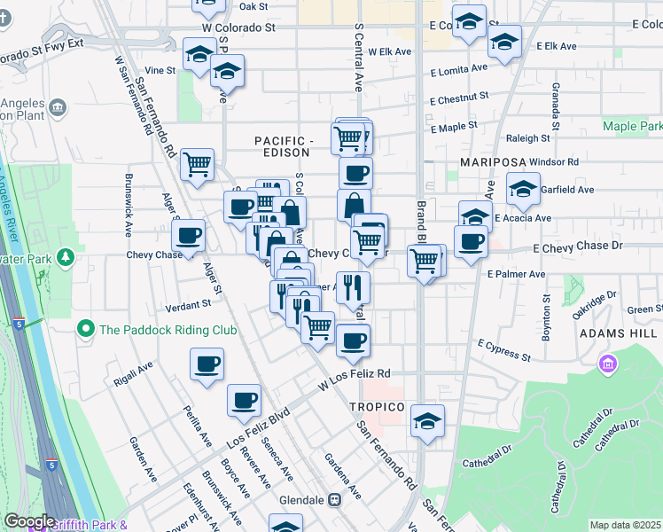 map of restaurants, bars, coffee shops, grocery stores, and more near 351 West Palmer Avenue in Glendale