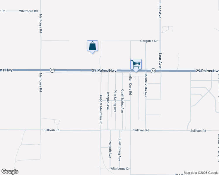 map of restaurants, bars, coffee shops, grocery stores, and more near 6615 Ivanpah Avenue in Twentynine Palms