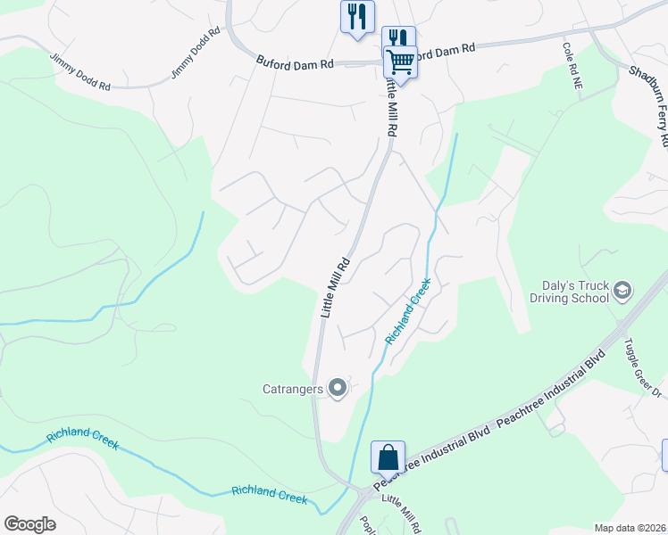 map of restaurants, bars, coffee shops, grocery stores, and more near 5552 Little Mill Road in Buford