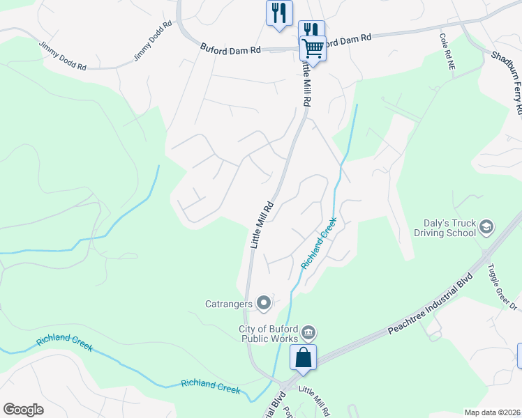 map of restaurants, bars, coffee shops, grocery stores, and more near 5552 Little Mill Road in Buford
