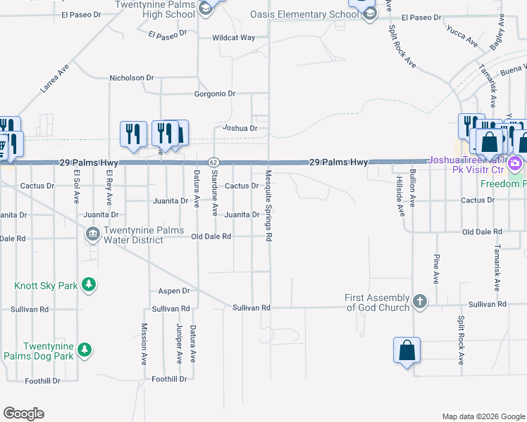 map of restaurants, bars, coffee shops, grocery stores, and more near 72898 Juanita Drive in Twentynine Palms