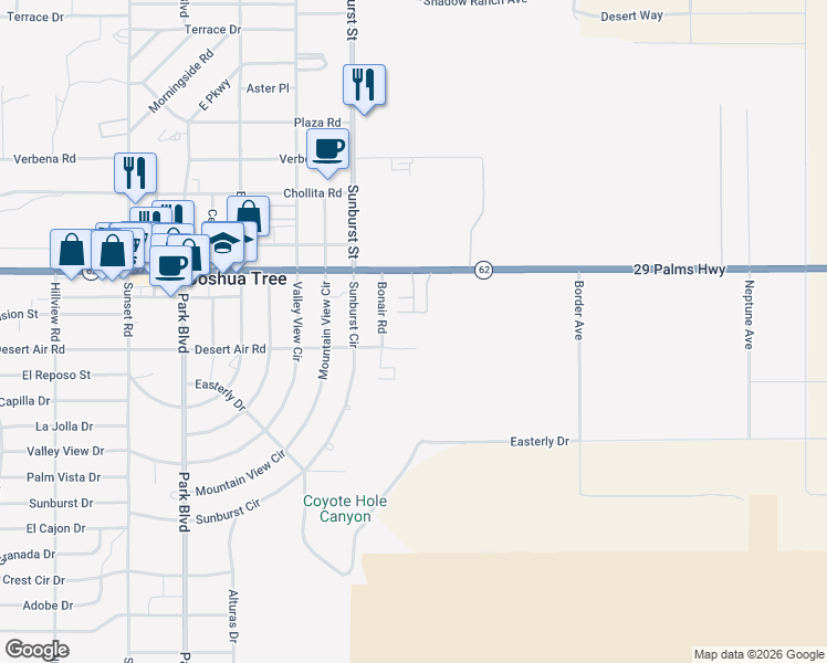 map of restaurants, bars, coffee shops, grocery stores, and more near 62001 Bonair Road in Joshua Tree