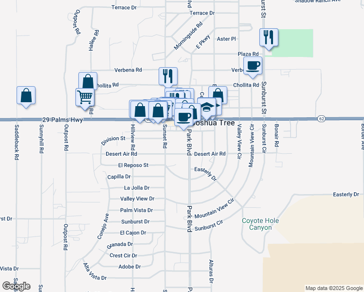 map of restaurants, bars, coffee shops, grocery stores, and more near 61766 Desert Air Road in Joshua Tree