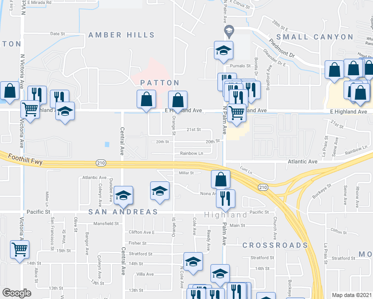 map of restaurants, bars, coffee shops, grocery stores, and more near 3471 Rainbow Lane in Highland