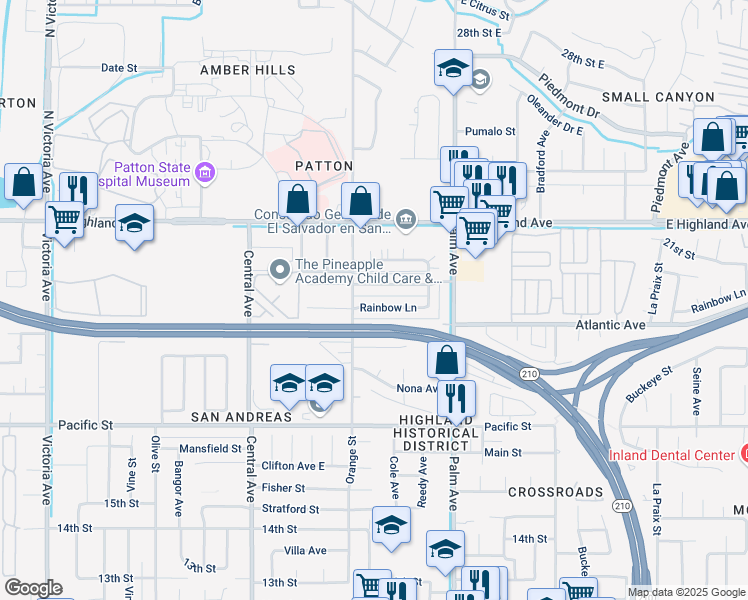 map of restaurants, bars, coffee shops, grocery stores, and more near 3471 Rainbow Lane in Highland
