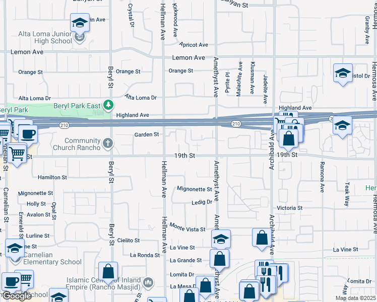 map of restaurants, bars, coffee shops, grocery stores, and more near 9425 19th Street in Rancho Cucamonga