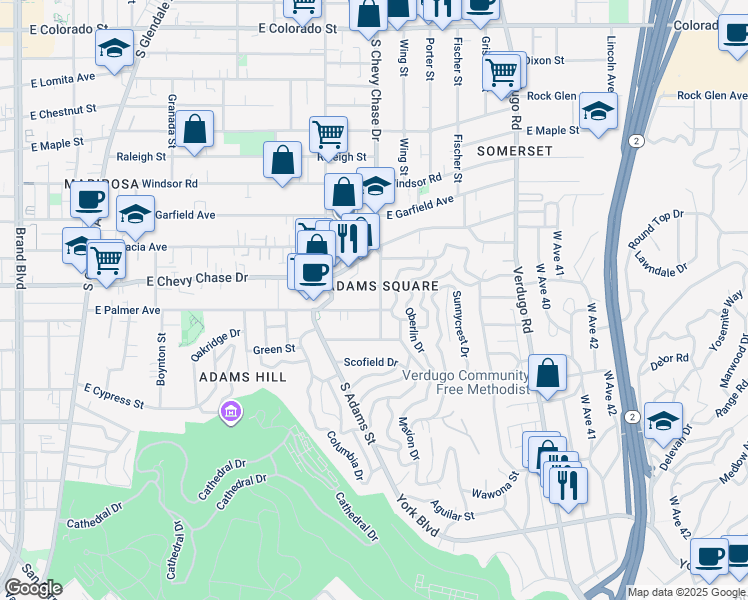 map of restaurants, bars, coffee shops, grocery stores, and more near 1206 East Palmer Avenue in Glendale