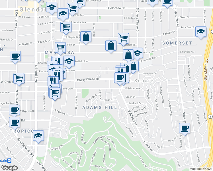 map of restaurants, bars, coffee shops, grocery stores, and more near 804 East Palmer Avenue in Glendale