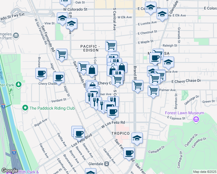 map of restaurants, bars, coffee shops, grocery stores, and more near 315 West Palmer Avenue in Glendale