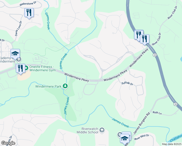 map of restaurants, bars, coffee shops, grocery stores, and more near 3215 Oxleas Court in Cumming