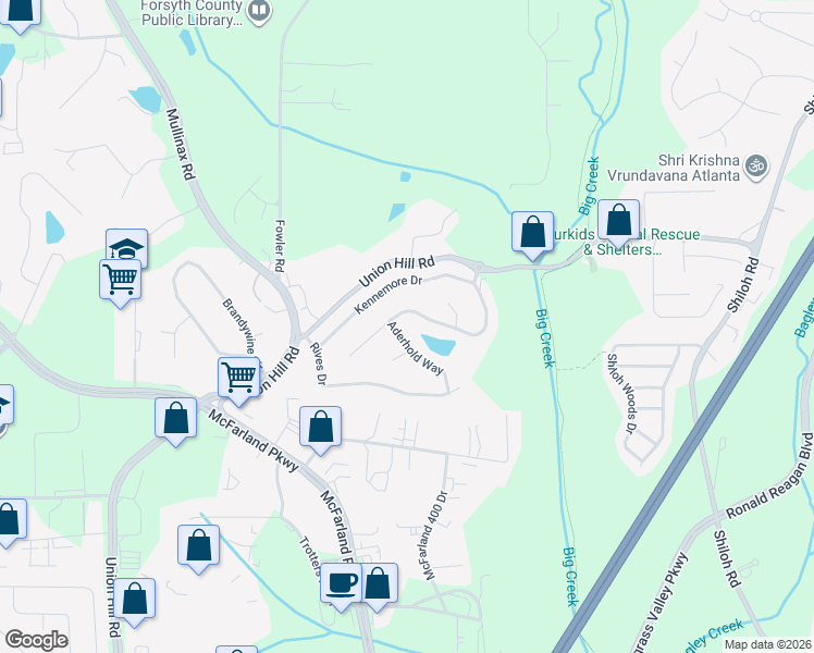 map of restaurants, bars, coffee shops, grocery stores, and more near 5955 Aderhold Way in Alpharetta
