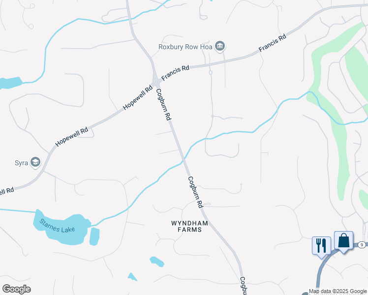 map of restaurants, bars, coffee shops, grocery stores, and more near 14440 Cogburn Road in Alpharetta