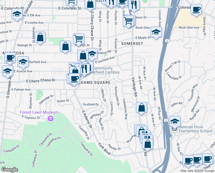 map of restaurants, bars, coffee shops, grocery stores, and more near 1227 Corona Drive in Glendale