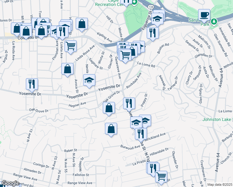 map of restaurants, bars, coffee shops, grocery stores, and more near 1026 Oak Grove Drive in Los Angeles