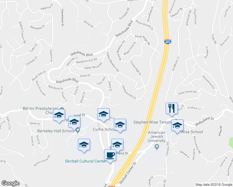 map of restaurants, bars, coffee shops, grocery stores, and more near 3421 Castlewoods Place in Los Angeles