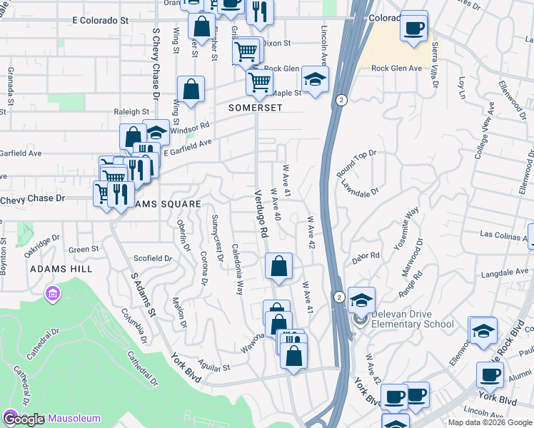 map of restaurants, bars, coffee shops, grocery stores, and more near 4508 Verdugo Road in Los Angeles
