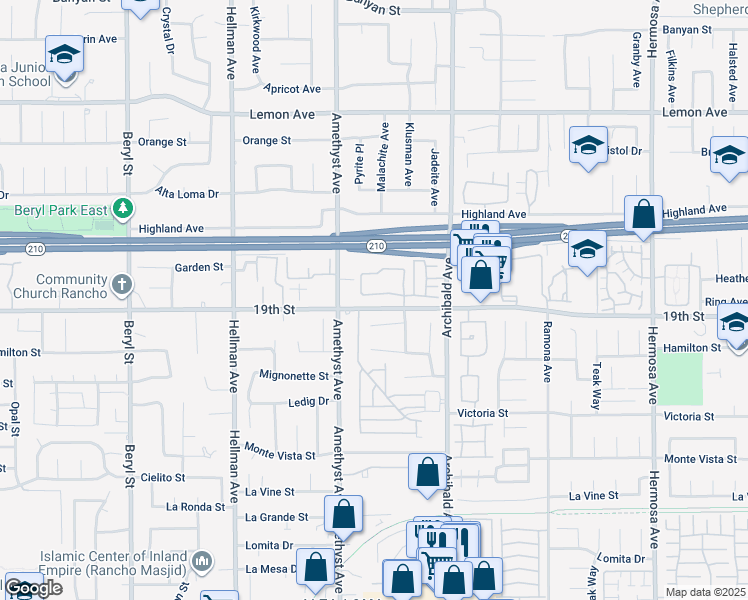 map of restaurants, bars, coffee shops, grocery stores, and more near 9600 19th Street in Rancho Cucamonga