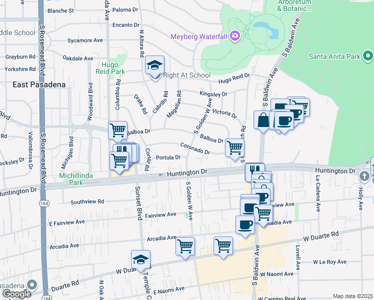 map of restaurants, bars, coffee shops, grocery stores, and more near 902 Coronado Drive in Arcadia