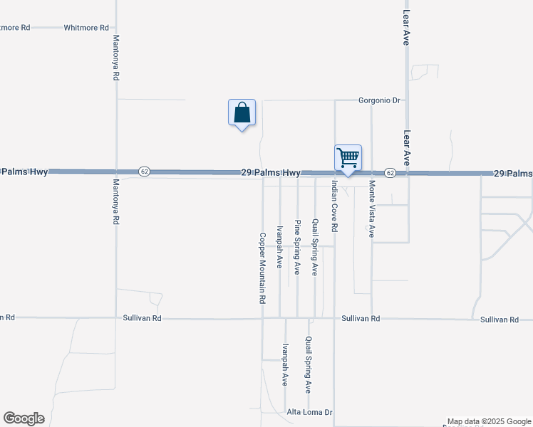 map of restaurants, bars, coffee shops, grocery stores, and more near 6613 Copper Mountain Road in Twentynine Palms