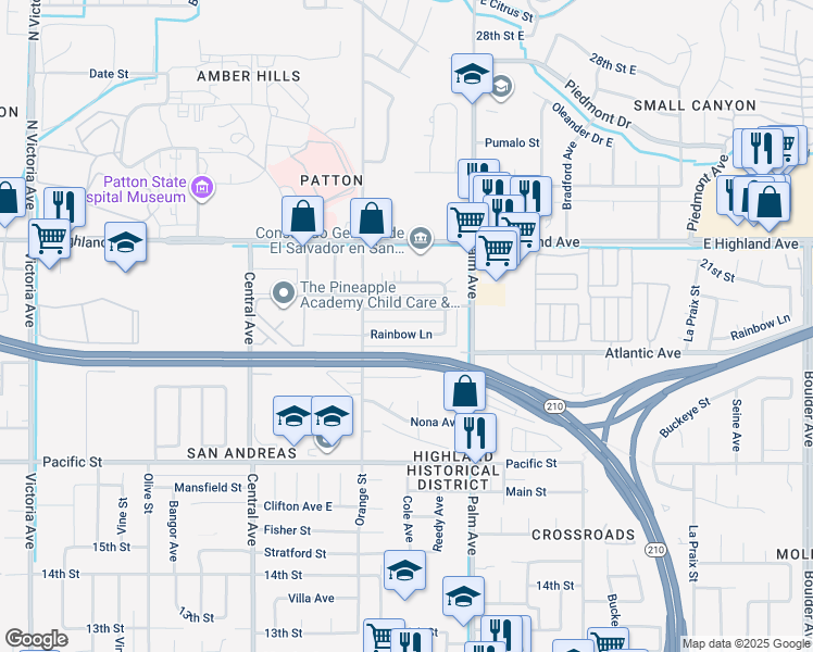 map of restaurants, bars, coffee shops, grocery stores, and more near 3480 Rainbow Lane in Highland