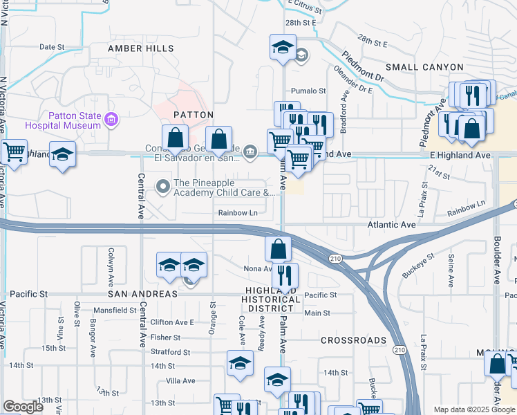 map of restaurants, bars, coffee shops, grocery stores, and more near 3536 Rainbow Lane in Highland