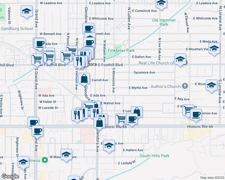 map of restaurants, bars, coffee shops, grocery stores, and more near 233 South Minnesota Avenue in Glendora