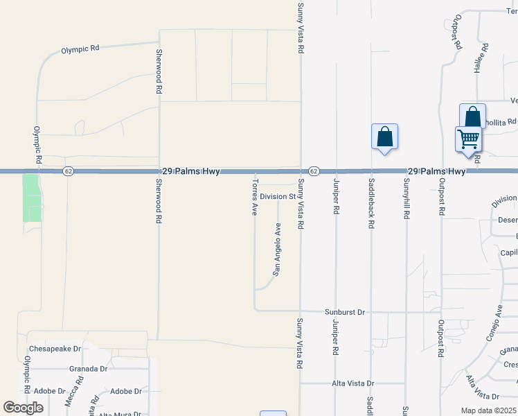 map of restaurants, bars, coffee shops, grocery stores, and more near 6607 Torres Avenue in Joshua Tree