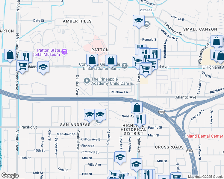 map of restaurants, bars, coffee shops, grocery stores, and more near 3409 Rainbow Lane in Highland