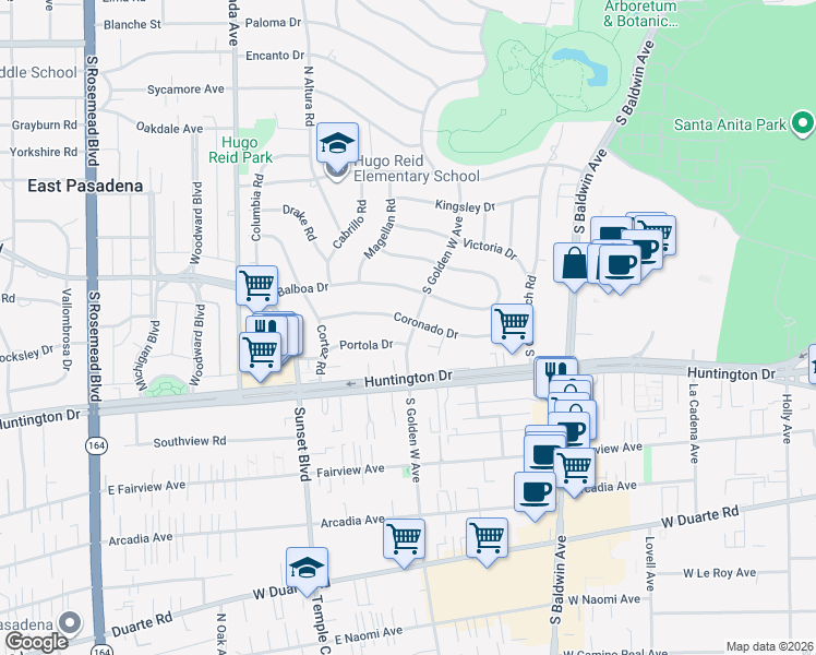 map of restaurants, bars, coffee shops, grocery stores, and more near 726 Golden West Avenue in Arcadia