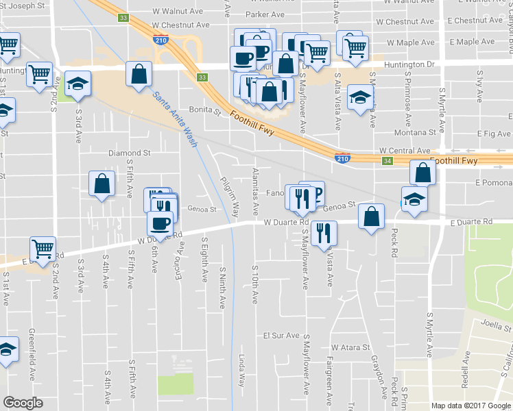 map of restaurants, bars, coffee shops, grocery stores, and more near 1720 Alamitas Avenue in Monrovia